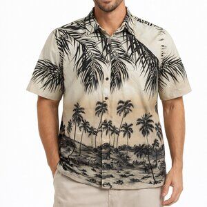 RJC Robert J Clancey Men’s XL Hawaiian Aloha Shirt Palm Tree Sunset Beach Cotton